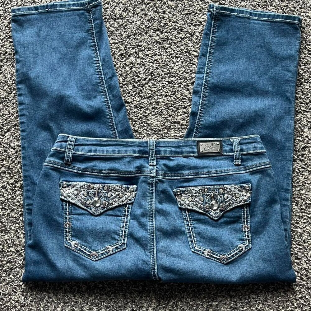Y2K Babydoll Blue Denim Bootcut Wide Leg Earl Jeans Size‎ 12 Rhinestone Coquette